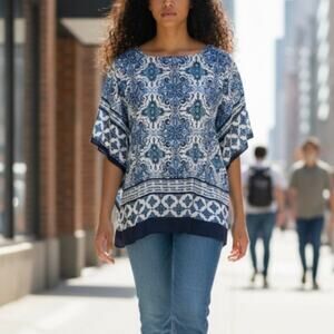 Talbots Blue Geometric White Handkerchief Poncho Short Sleeve Top